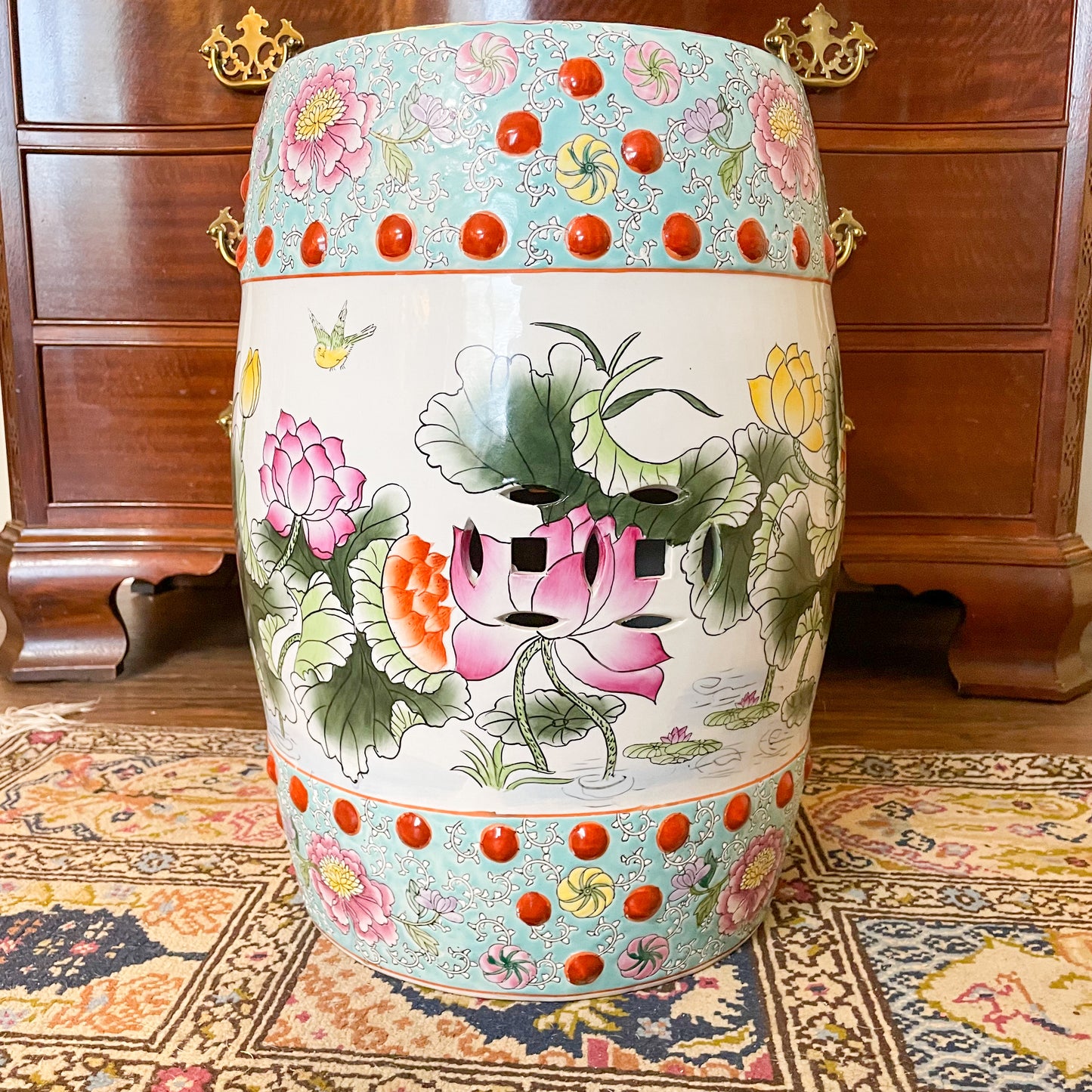 Turquoise Famille Rose Garden Stool Vintage, 18.5”x12”