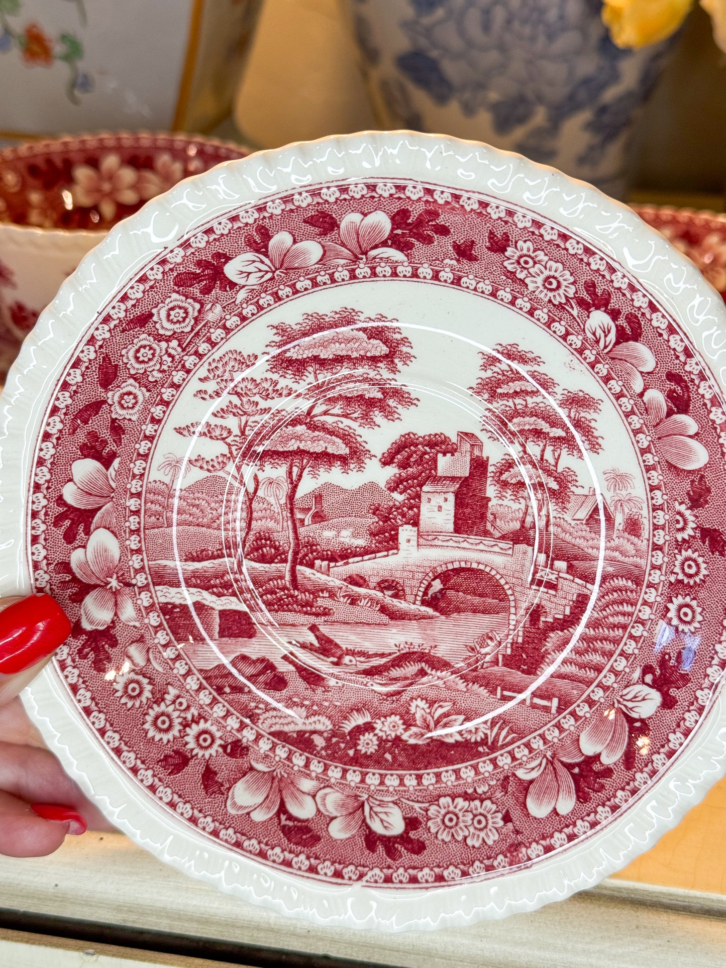 Set of 6 Copeland Spode’s Tower Pink/red Bouillon Double Handled cups and Saucers