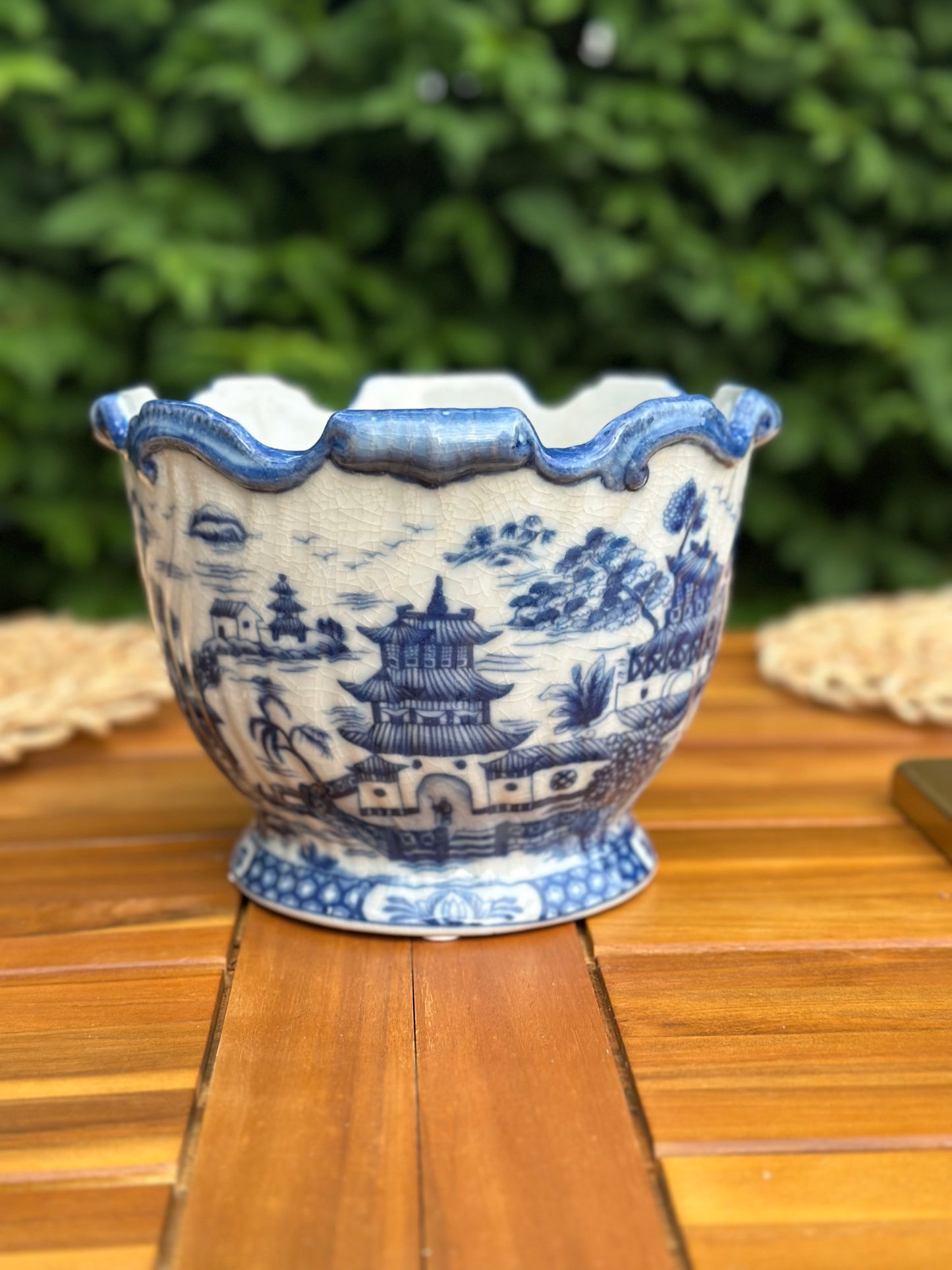 Hand painted Blue & White Pagoda Porcelain Cachepot, 8L X 8W X 6H