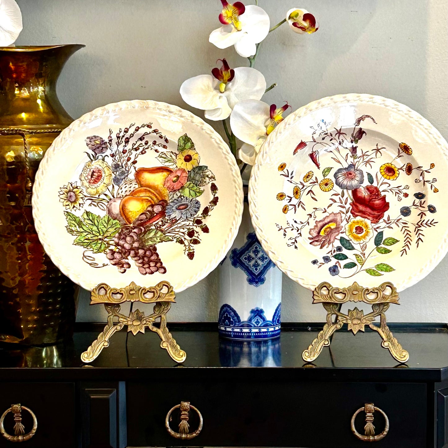 Set of two vintage hand painted fruit floral dinner plates