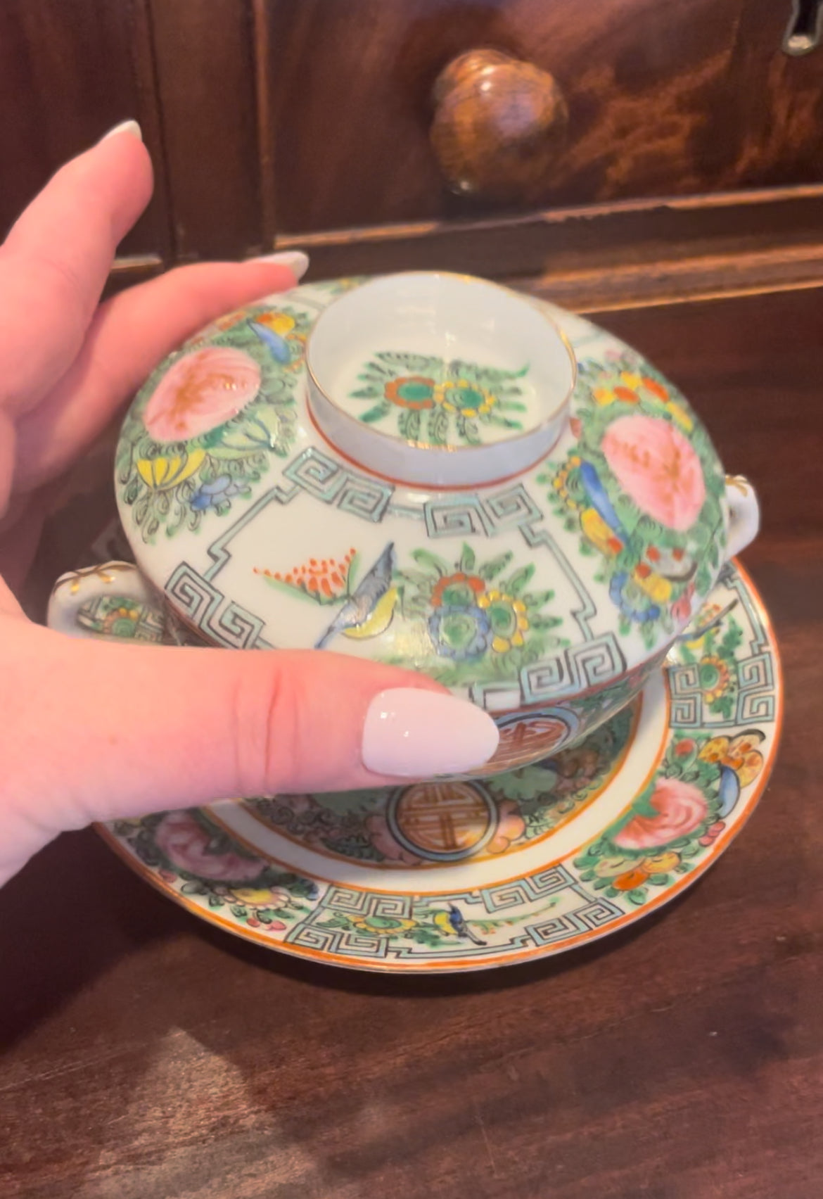 Antique Set of 4 Rose Canton Double Handled Teacups or Rice Bowls with Saucers & Lids - Mint Condition