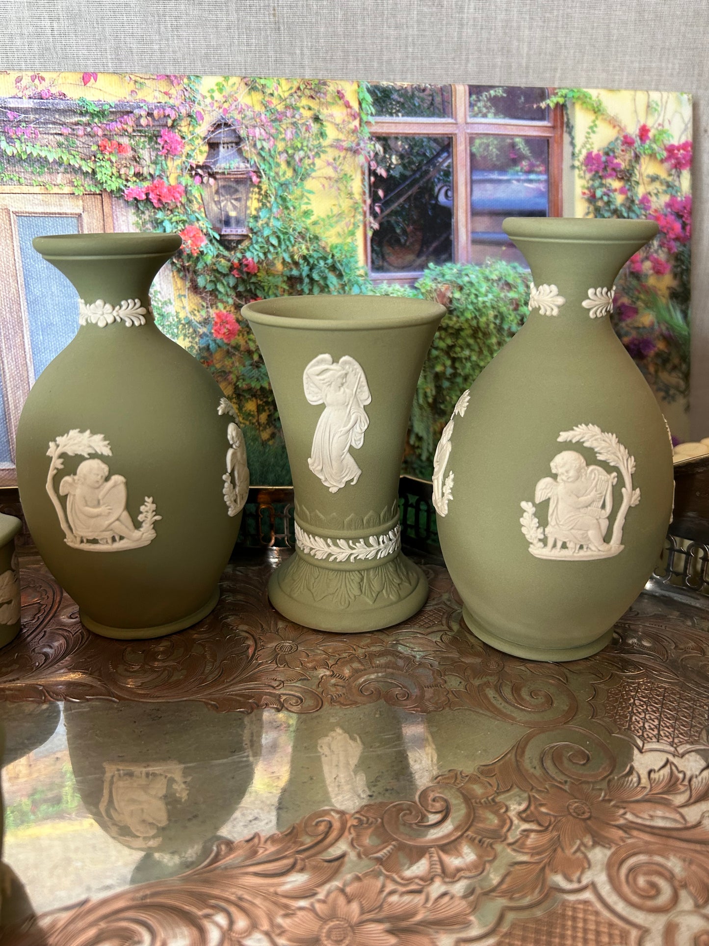 #6 pair of Green Wedgwood Vases 5” tall Sold Separately