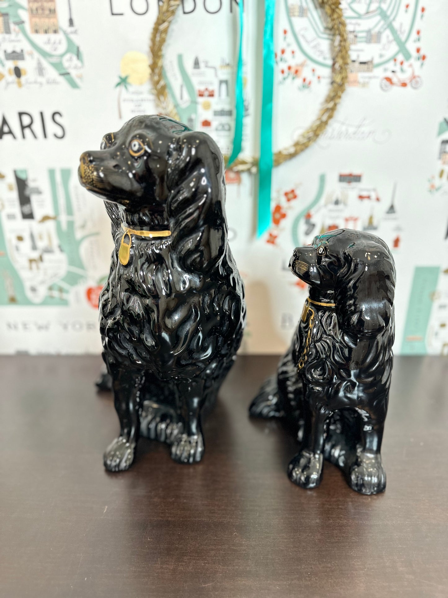 RARE Antique 19th Century English Jackfield Black Porcelain Staffordshire Spaniel Dogs, Set of 2, 15” and 11”