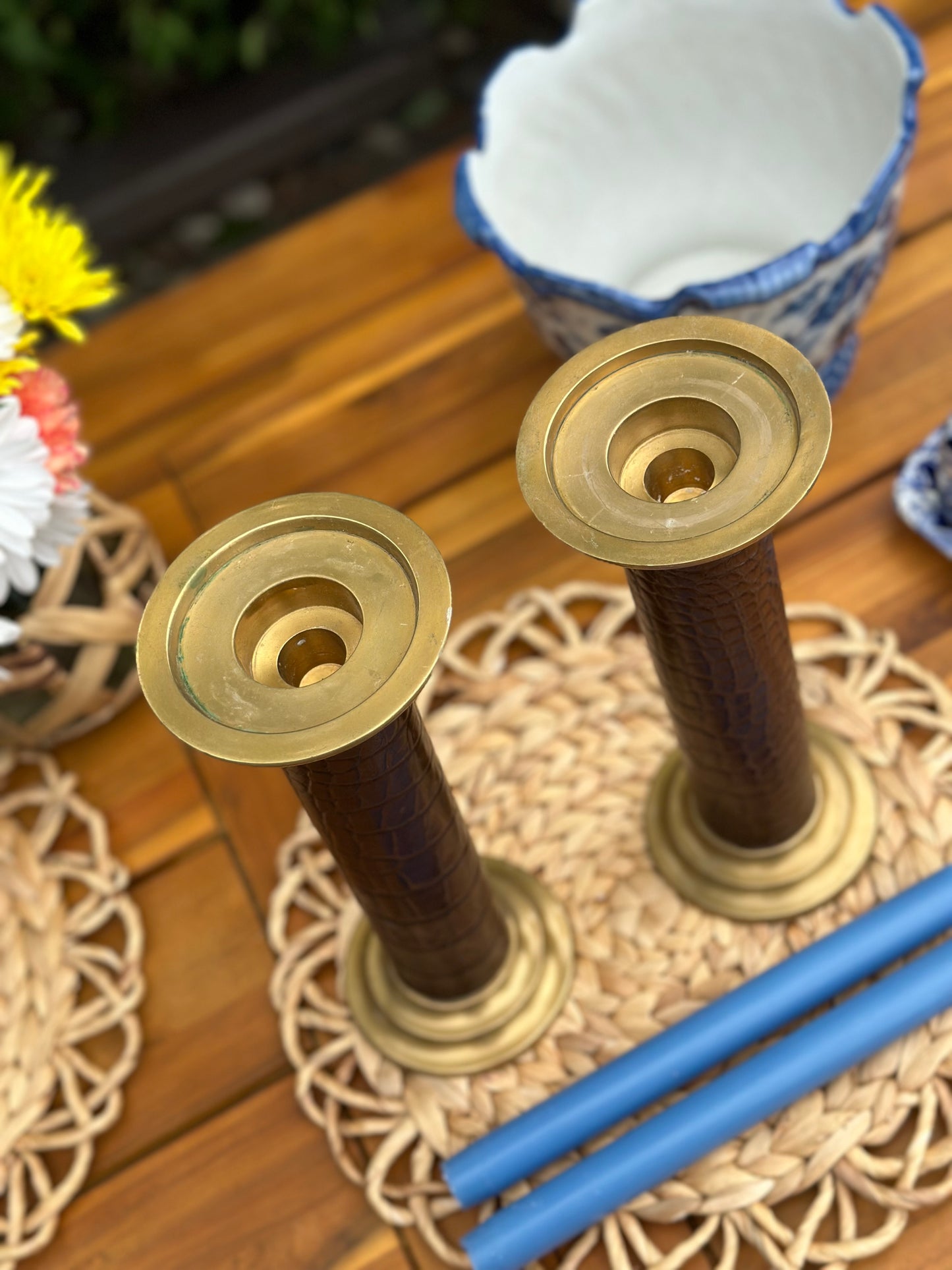 Vintage 10.5" Tall Brass candlesticks, embossed leather wrapped detail