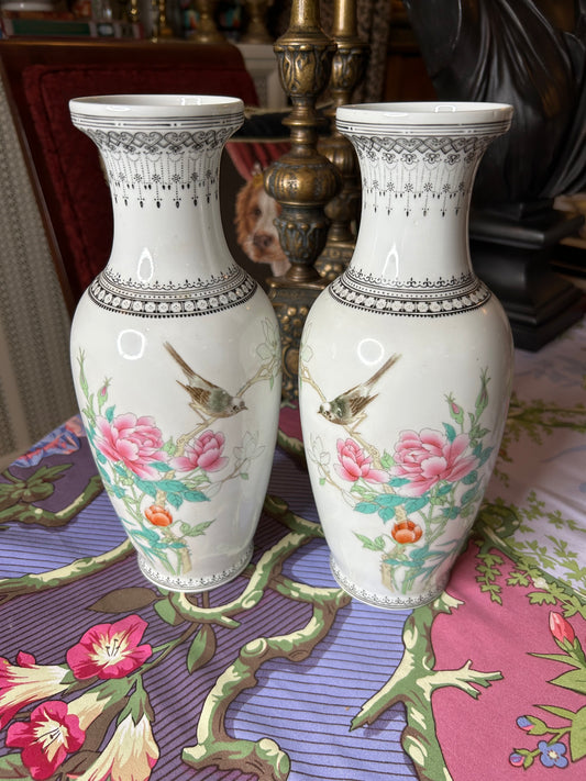 Lovely Pair of Chinese Vases with Hand painted Peony’s and Birds