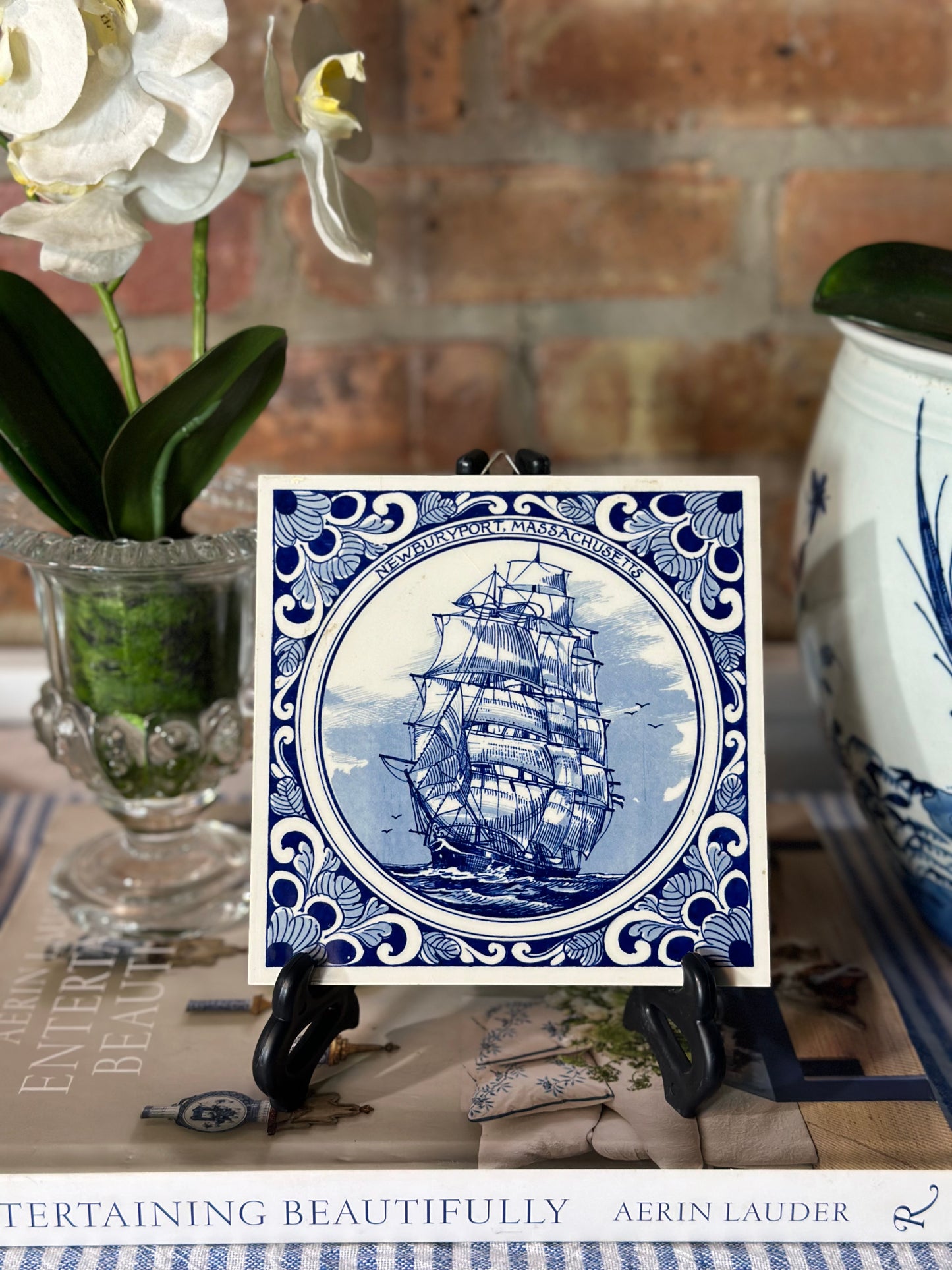 Vintage Blue and white Delft style tile, Newburyport, Mass 6x6”