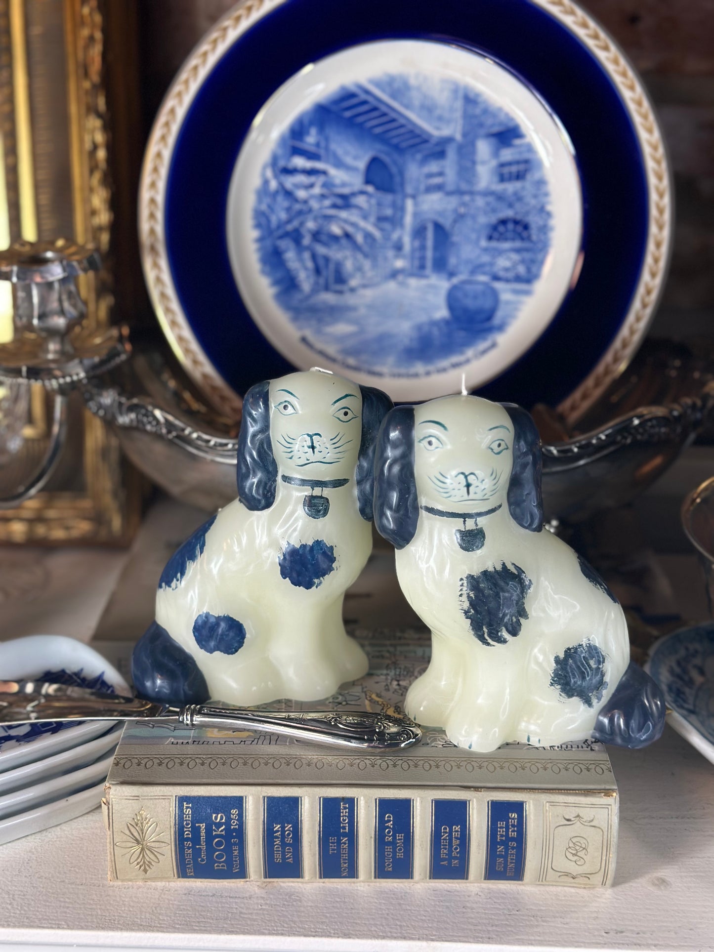 Darling "Staffordshire" candle pair of pups in cobalt & white!