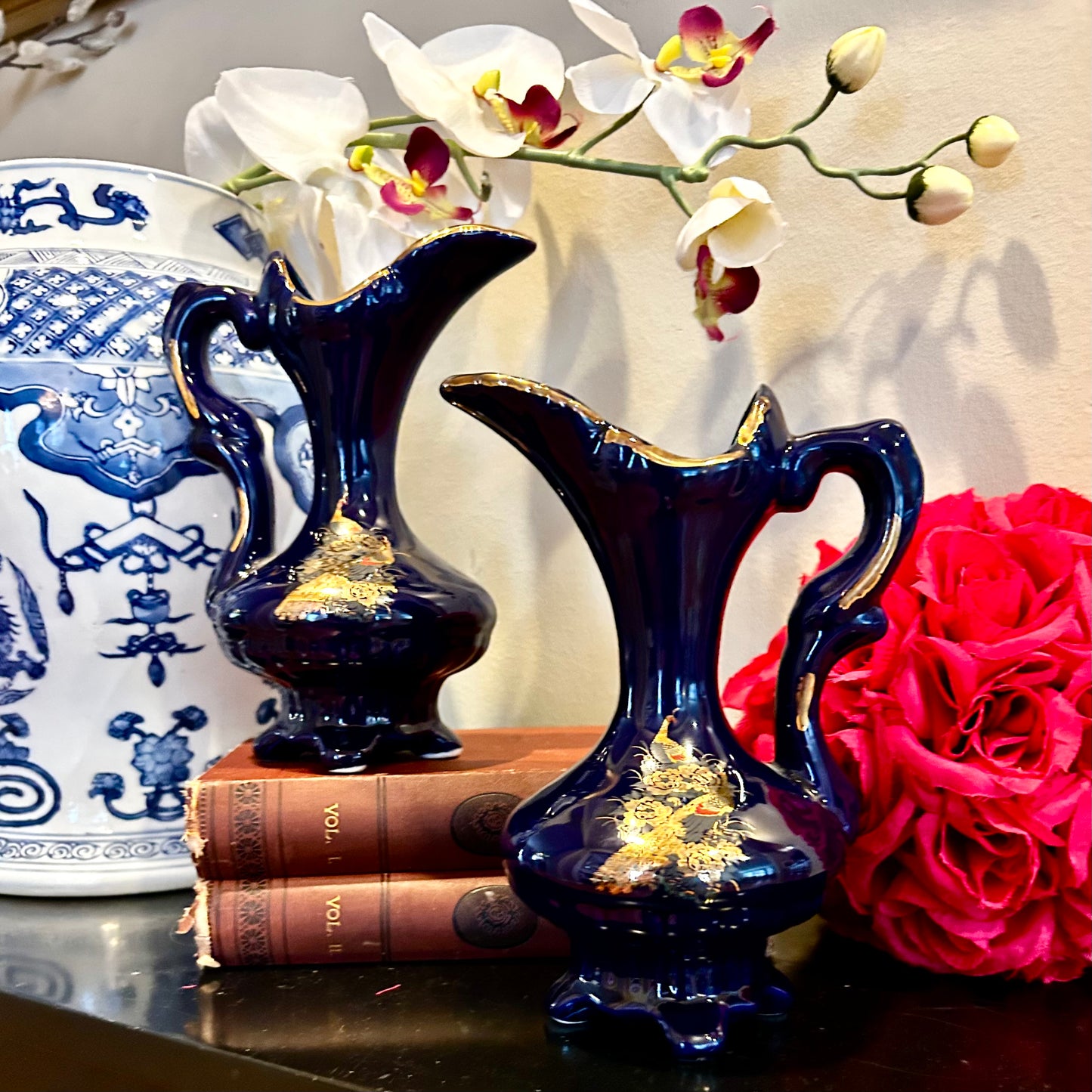 Perfect Pair of vintage cobalt blue chinoiserie floral  vases.