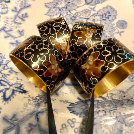 Set of 4 vintage cloisonné brass napkin ring holders