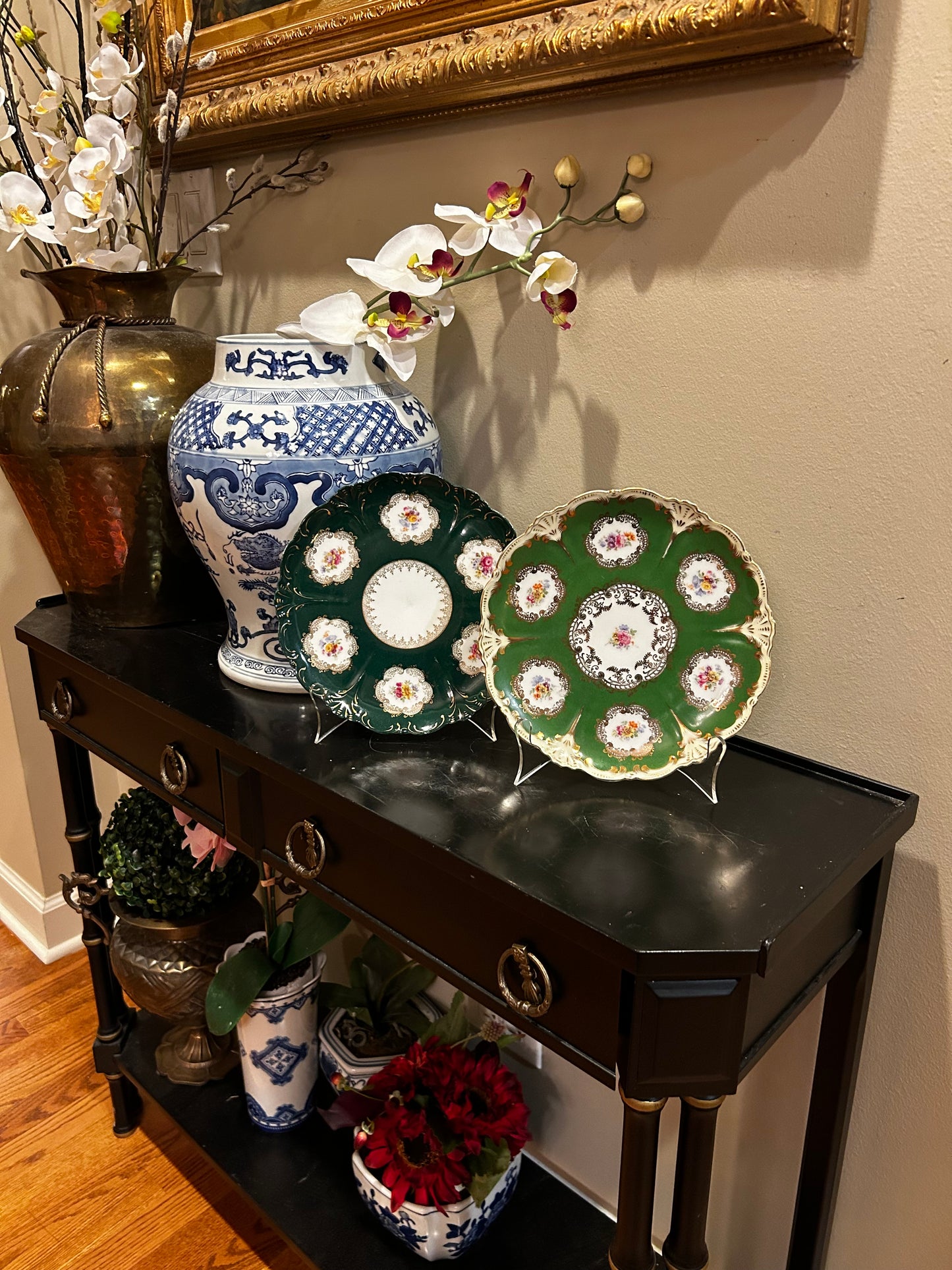 Handsome emerald green floral botanical porcelain plate.