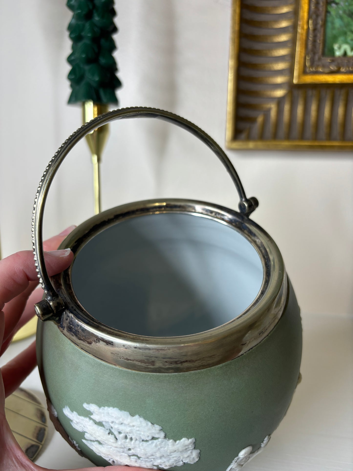 Vintage Green Jasperware Biscuit Barrel!