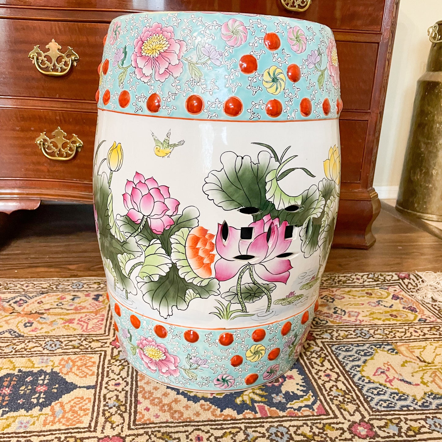 Turquoise Famille Rose Garden Stool Vintage, 18.5”x12”