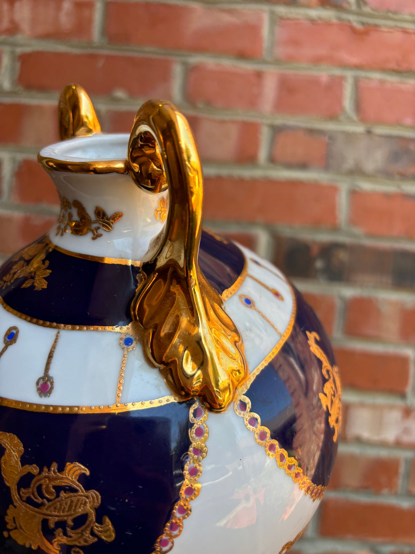 Stunning Limoges handpainted, gilded, and cobalt round vase!