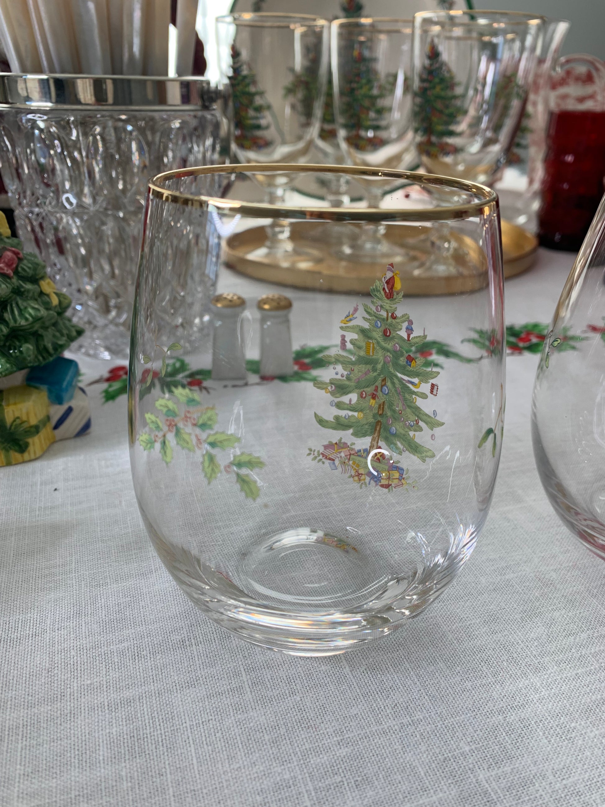 Spode Christmas Tree Stemless Wine Glasses, Set of 2, 22 Karat Gold Rim 19  oz