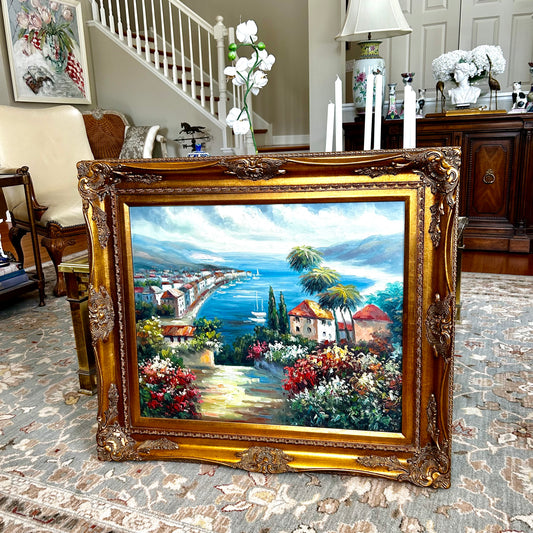 Inviting waterfront landscape massive baroque frame  31 x 28 signed wall art