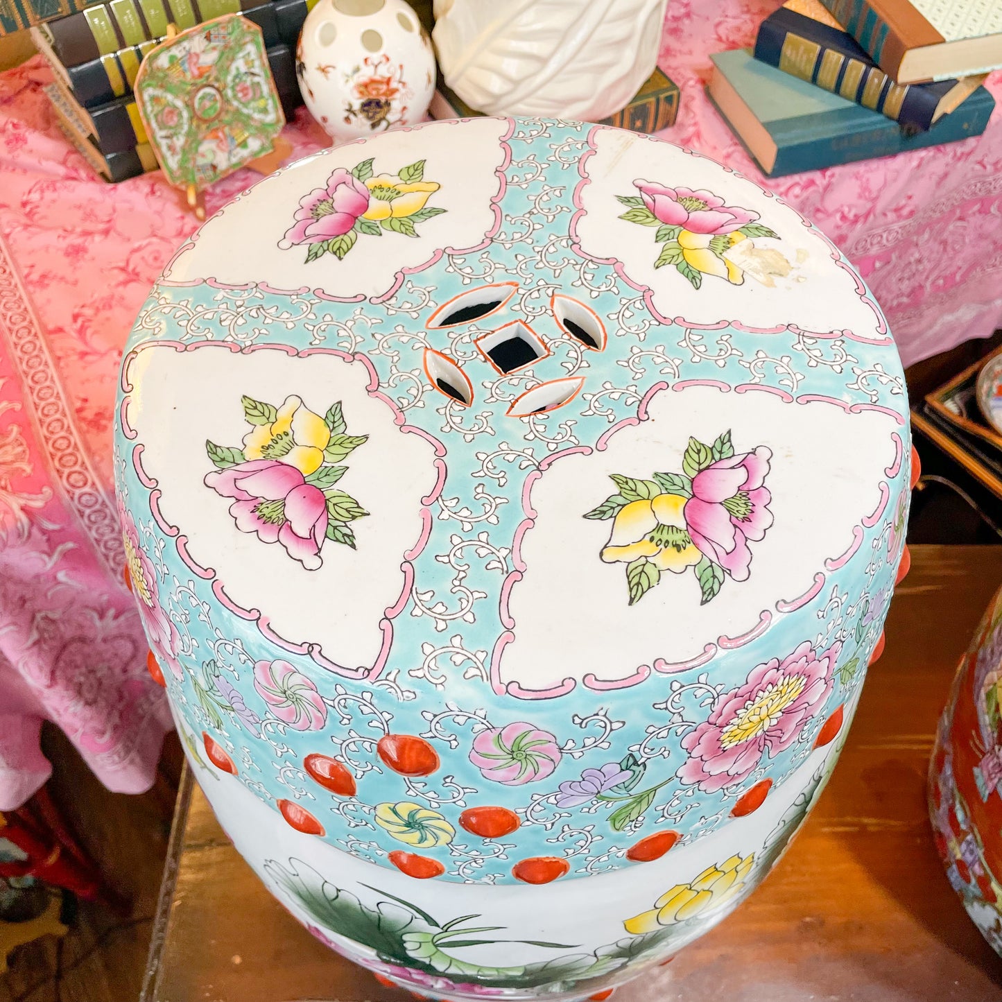 Turquoise Famille Rose Garden Stool Vintage, 18.5”x12”