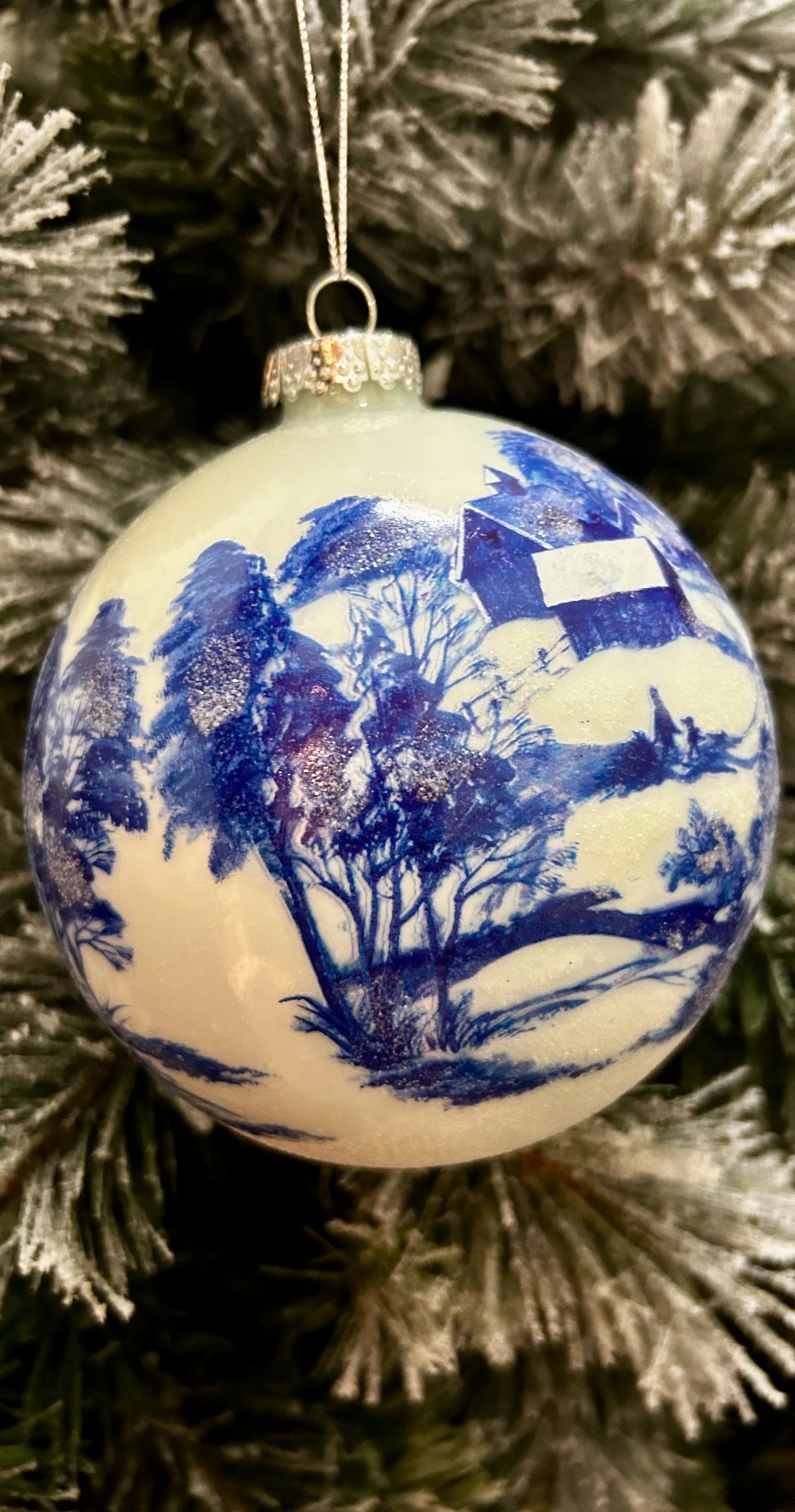 Massive oversized vintage blue & white toile landscape Christmas ornament