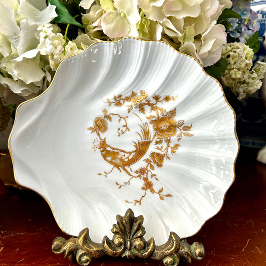 Gold Imari phoenix bird vintage Hollywood regency clam shell porcelain bowl