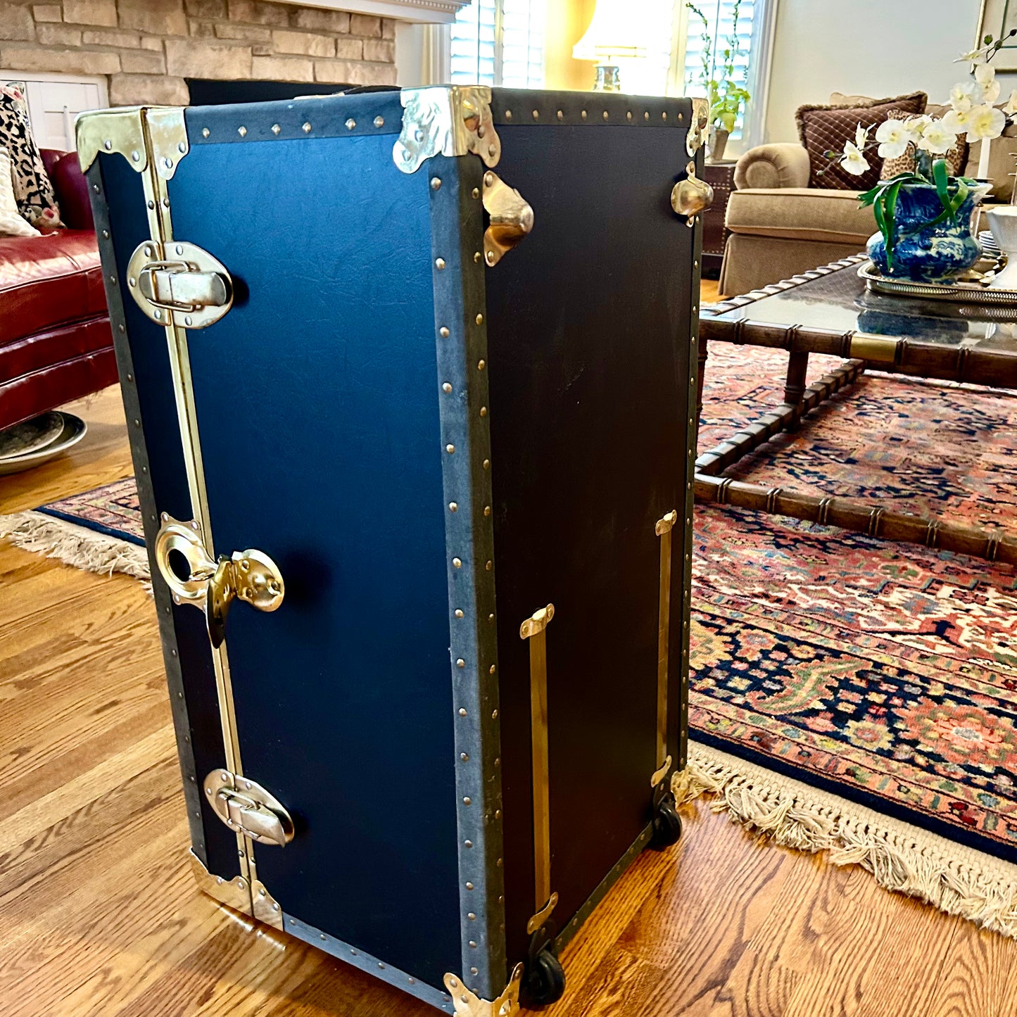 Handsome vintage  ebony black, Brass & leather storage trunk w handles steamer trunk coffee table .