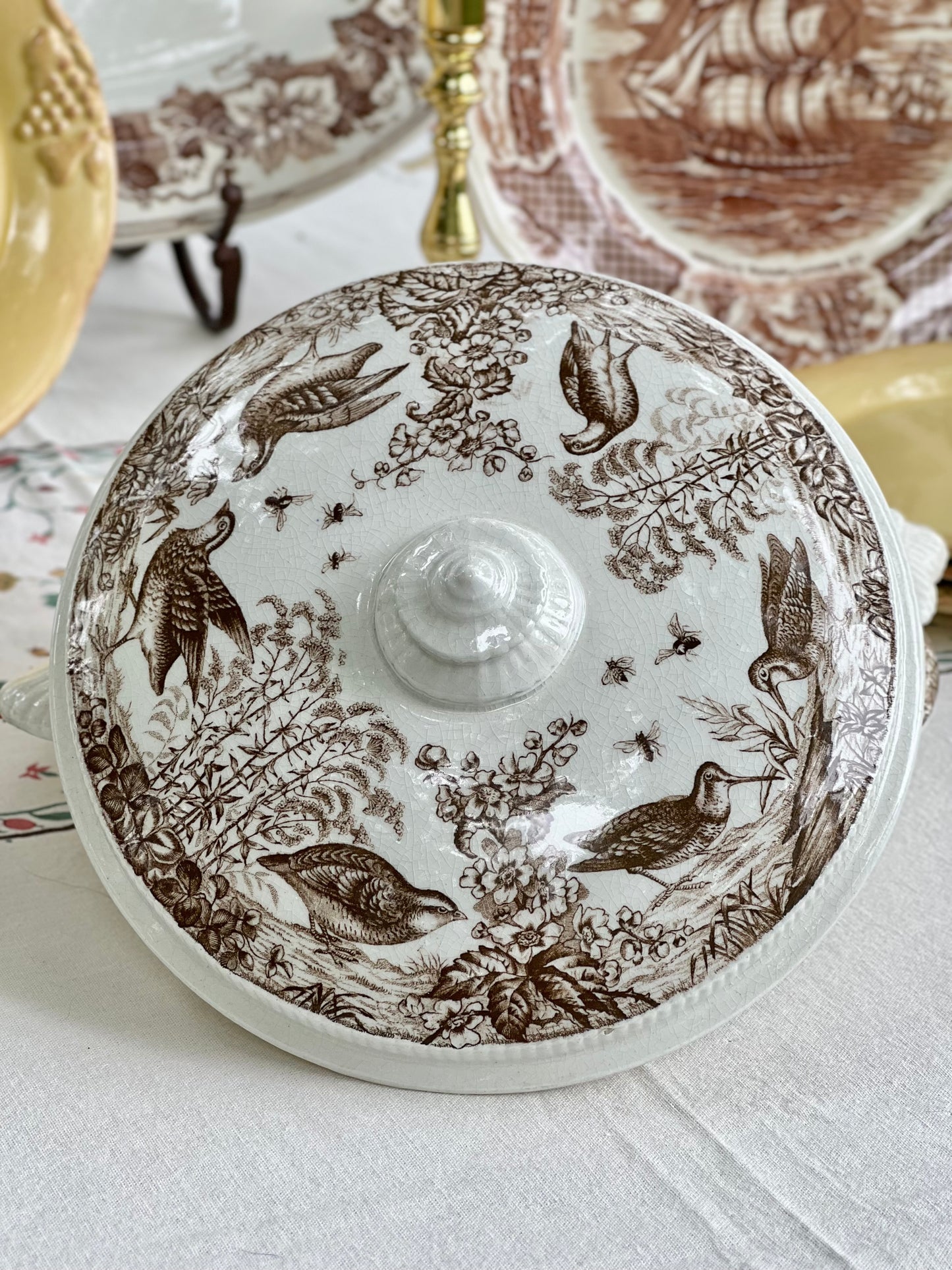 Gorgeous Vintage Brown Transferware Covered Dish