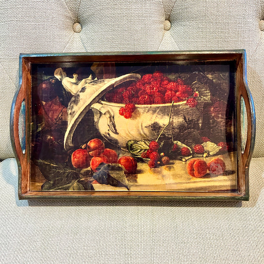 Chic vintage wood cherry chinoiserie art serving platter tray