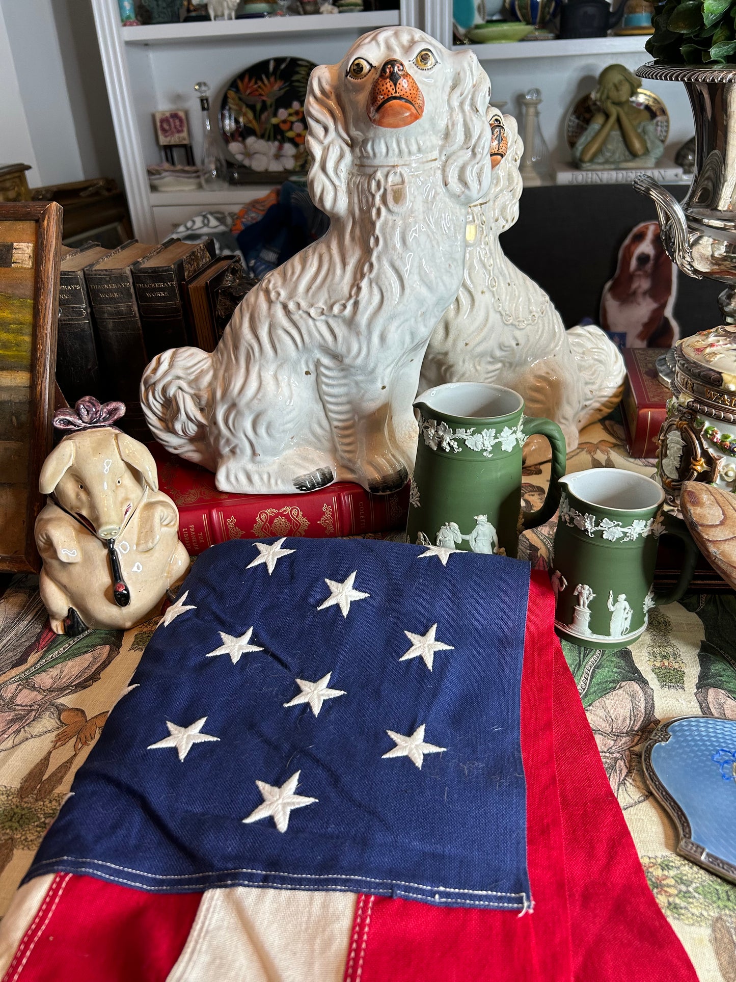 Antique Wedgwood Majolica Tobacco Jar! 395 With Images of Sir Walter Raleigh! Flag 48 star 145 For Melinda