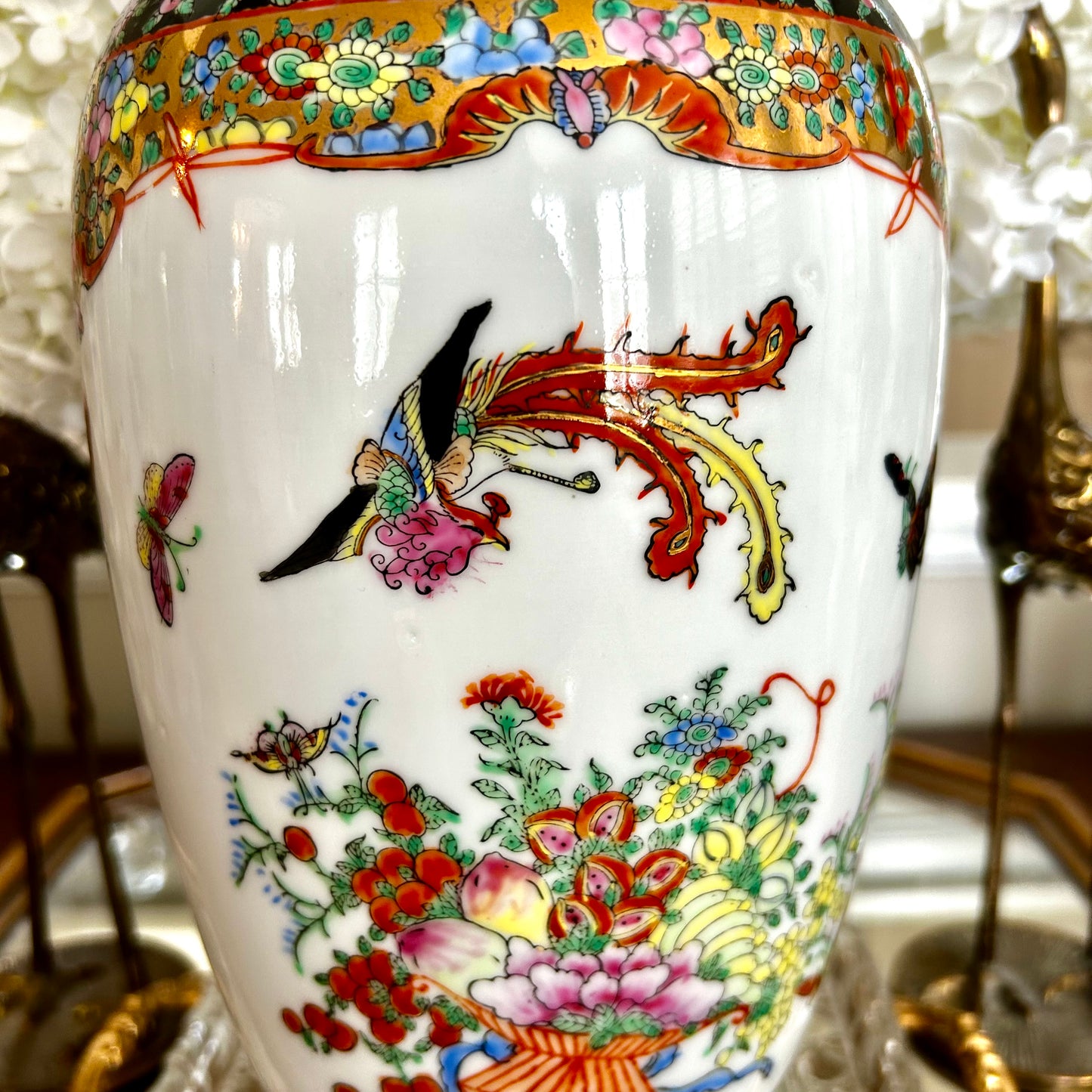 Statuesque Vintage Rose Famille chinoiserie vase 14 in hi