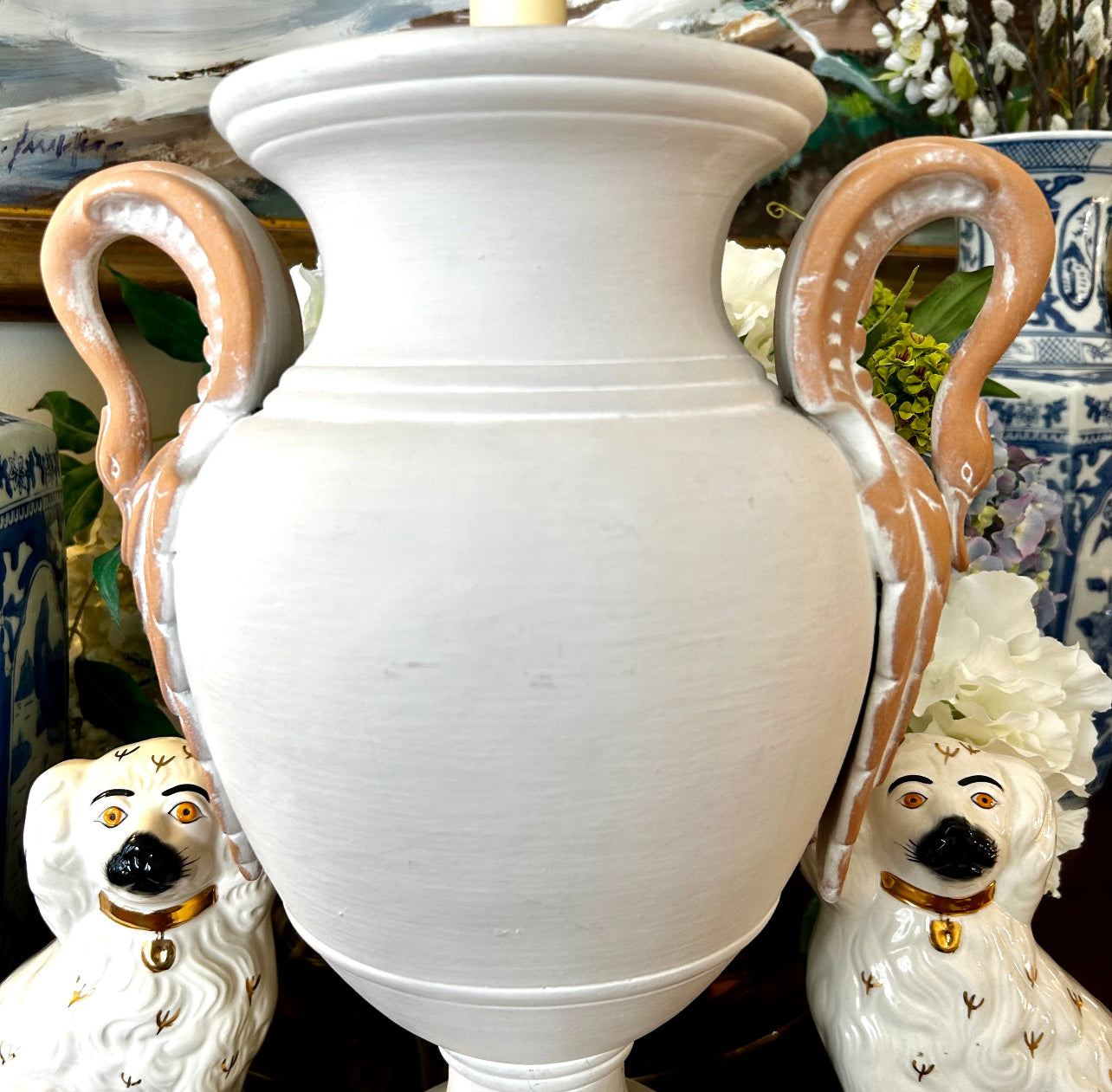 Chic & Stunning swan double handle ceramic  trophy lamp with lucite base. .