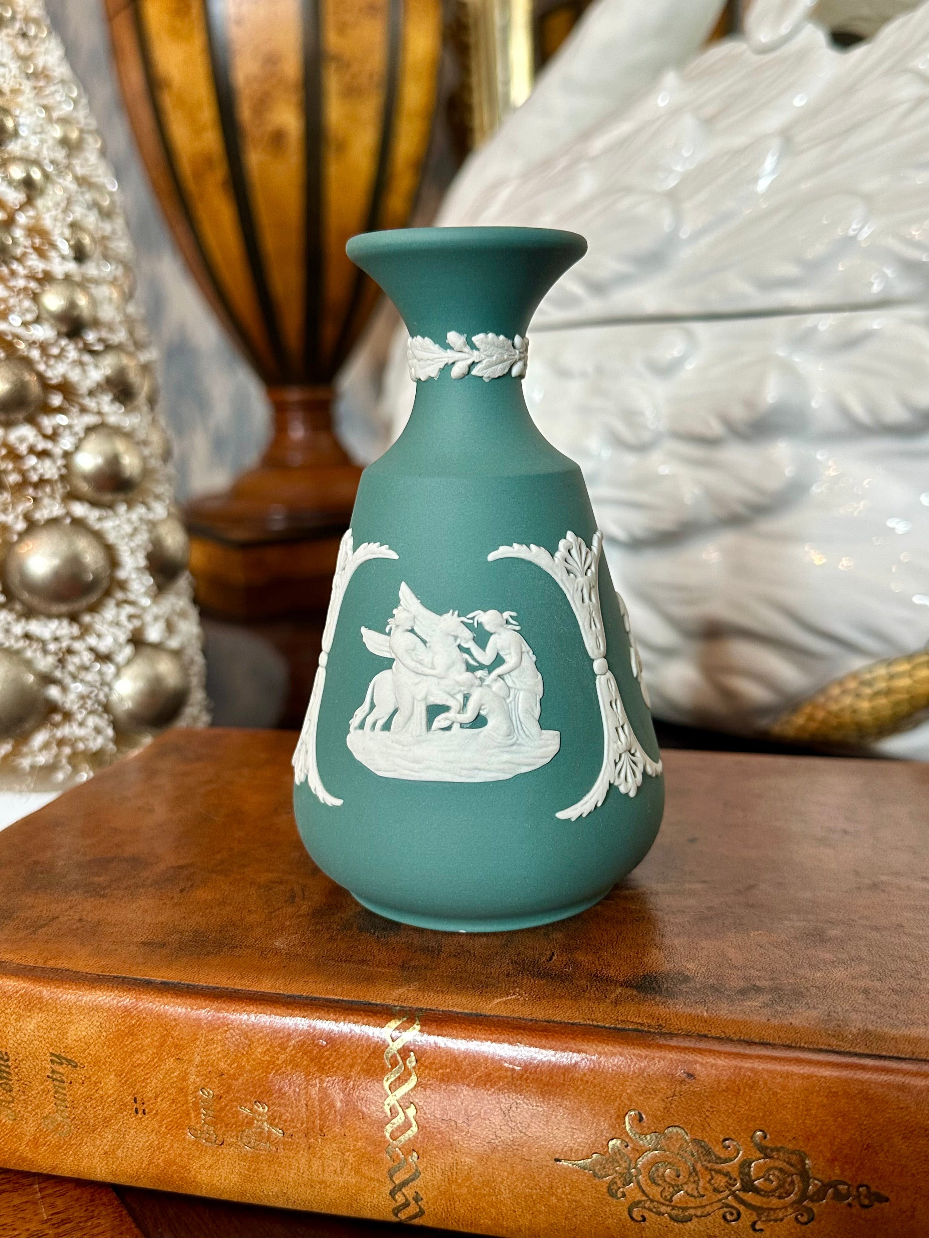 Beautiful store Antique Wedgwood Dipped Teal Green Jasperware Flower Bud Vase Made in England