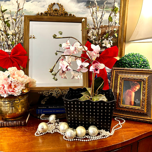 Vintage ebony black & gold tole metal planter centerpiece