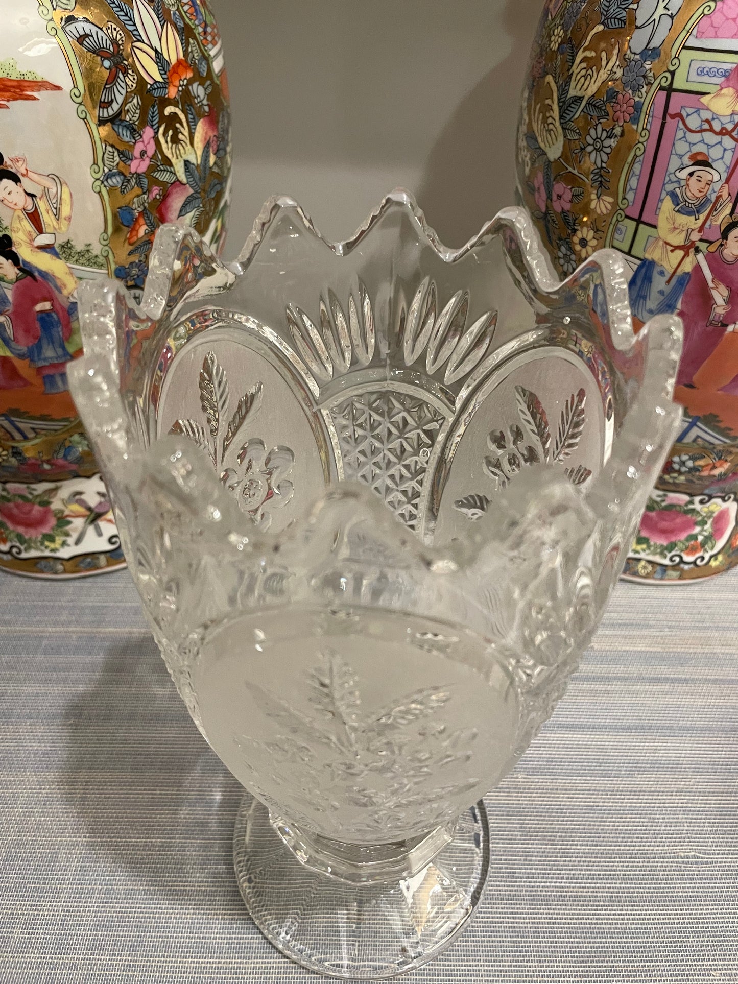 Vintage 10” Etched Floral Lead Crystal Footed Vase