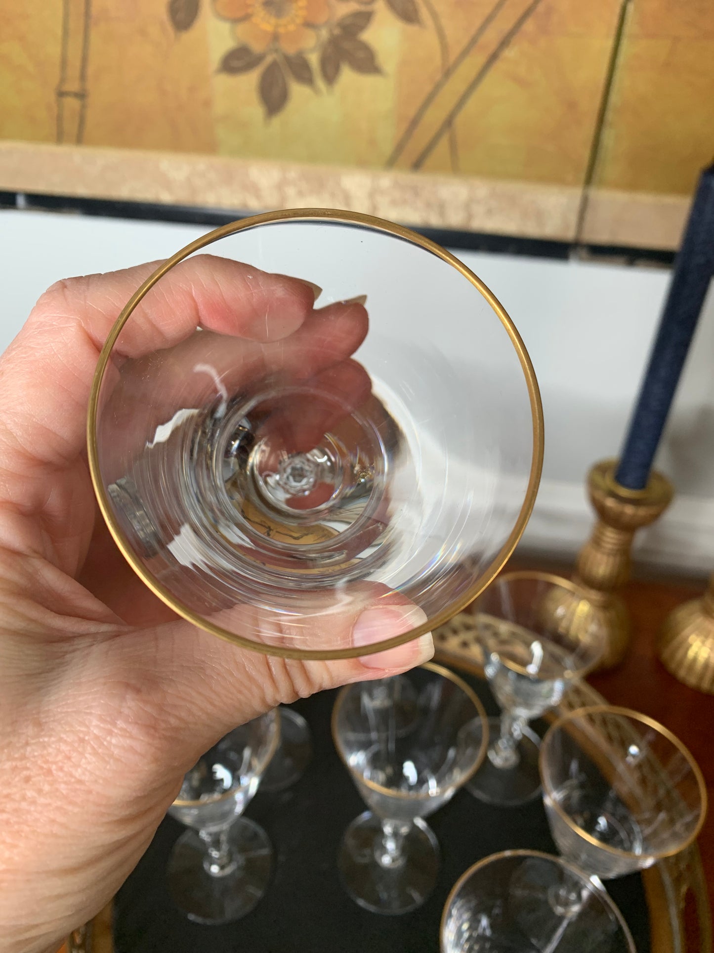 Set (10) Vintage Fostoria Aurora Gold Wine Glasses