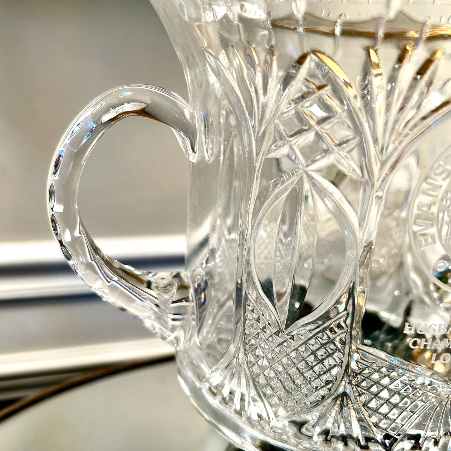 Stunning vintage crystal double handle monogrammed trophy vase champagne bucket