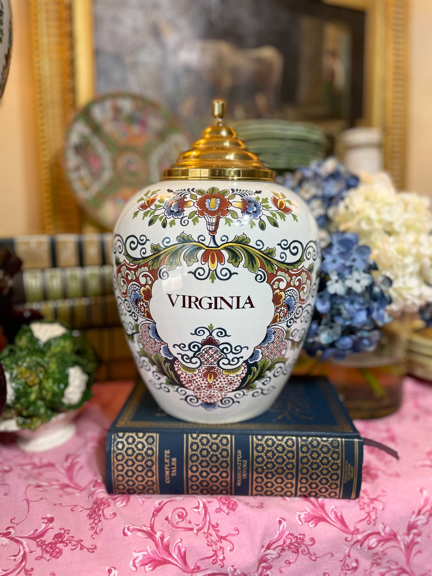 Large Delft Polychrome “Virginia” Tobacco Jar with Brass Lid