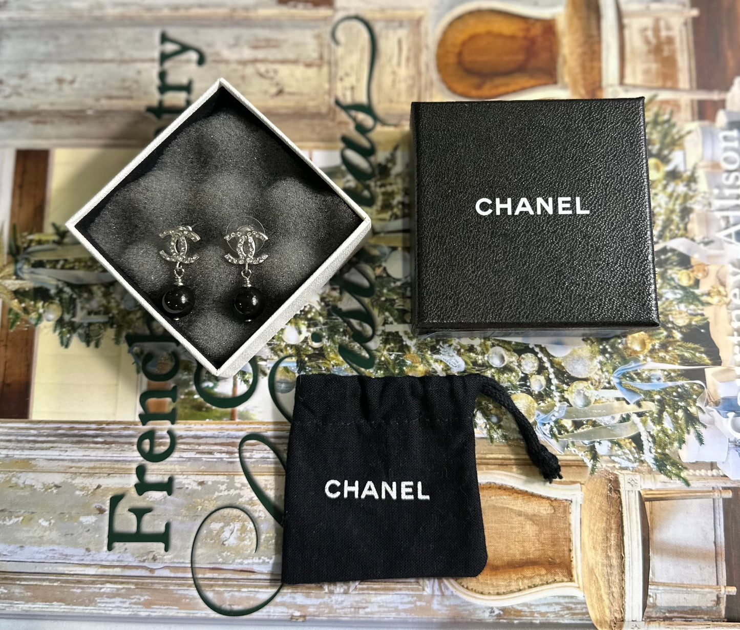 Chanel Crystal CC Drop Earrings with Black Beads, Made in Italy, 2011