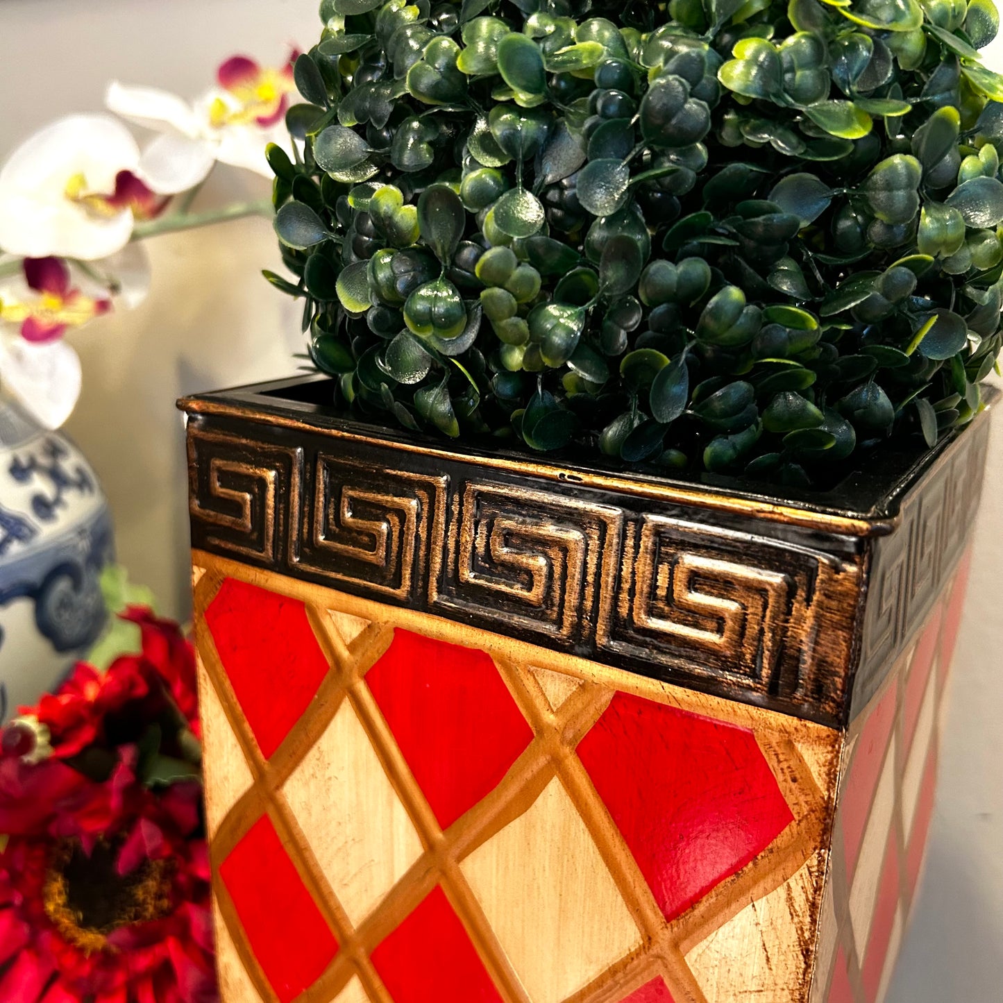 Chic claw leg ebony, red and gold tole metal planter centerpiece