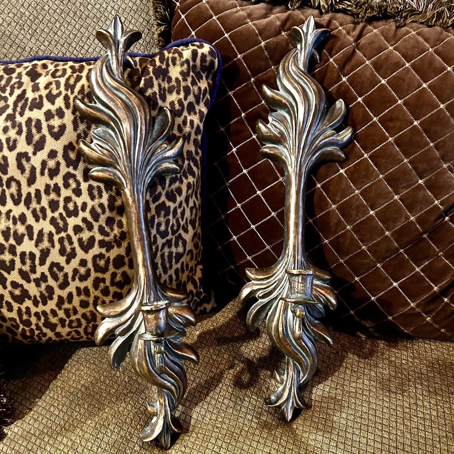 Vintage Statuesque Hollywood regency Carved Wood Baroque Flame wall Sconces.