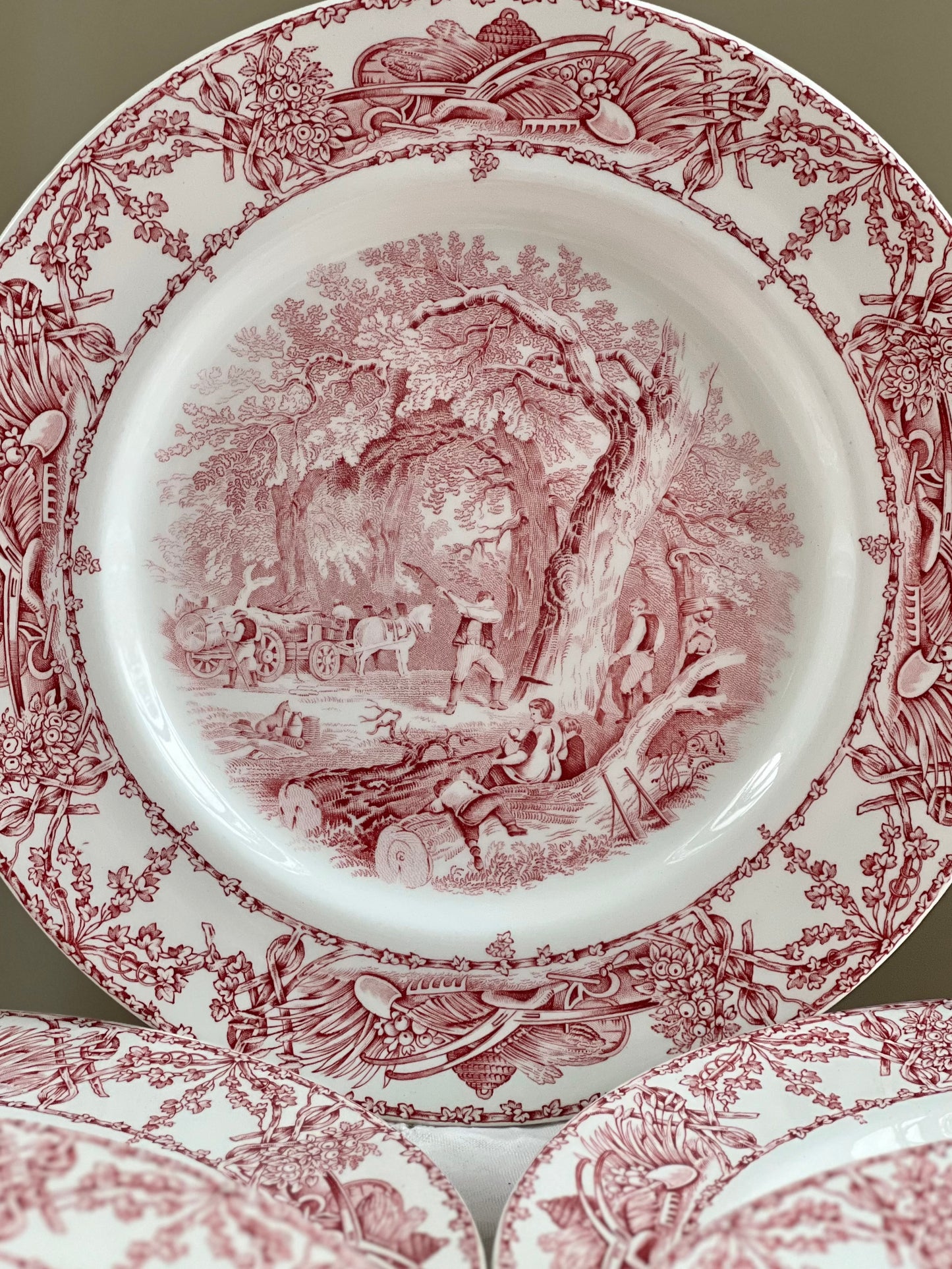 Vintage Set (5) Pastoral Davenport Red / Pink Transferware Dinner Plates