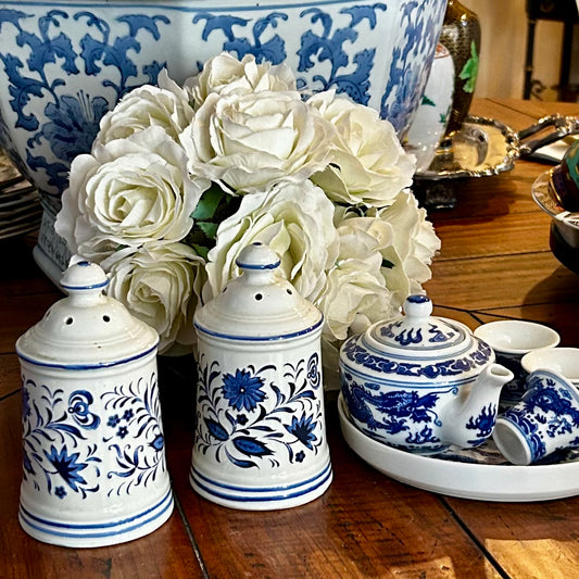 Large pair of vintage blue and white salt & pepper shakers