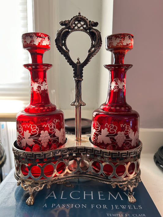 Antique Ruby Glass Hand Engraved Cruet Set