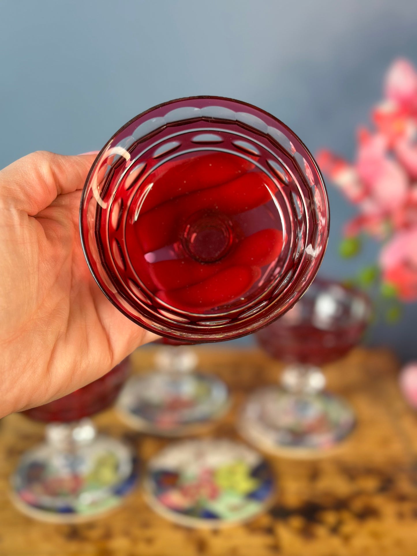 VAL ST. LAMBERT Set 10 "BLARNEY" CRANBERRY CUT-TO-CLEAR CRYSTAL PEDESTAL SHERBET