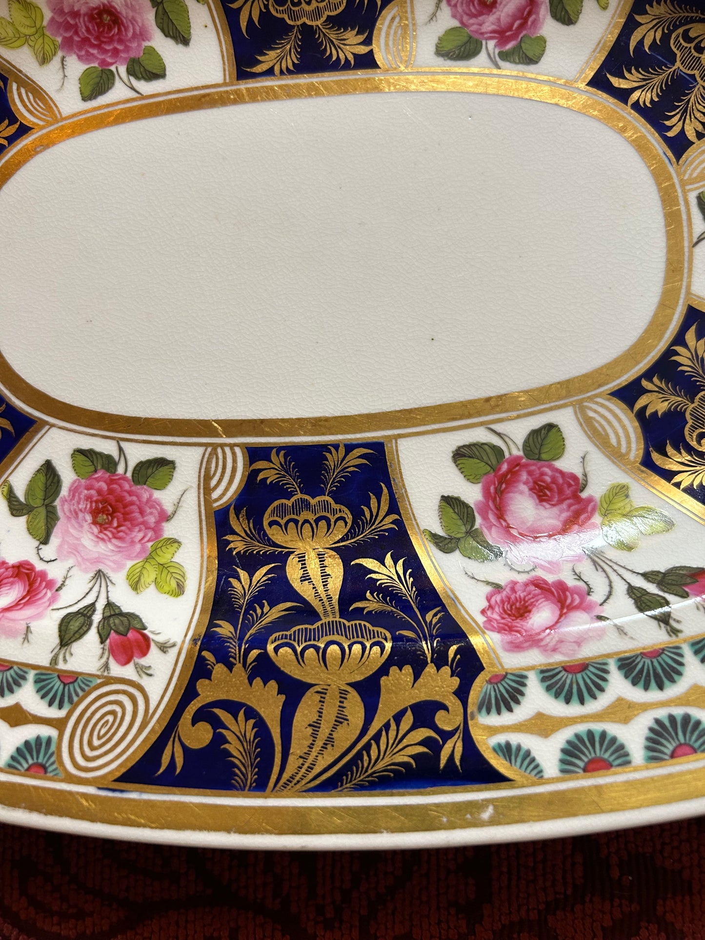 LIVE: Bloor Derby Blue, White, and Hand Painted Roses stunning Platter! C.1830 10 by 13 1/2”