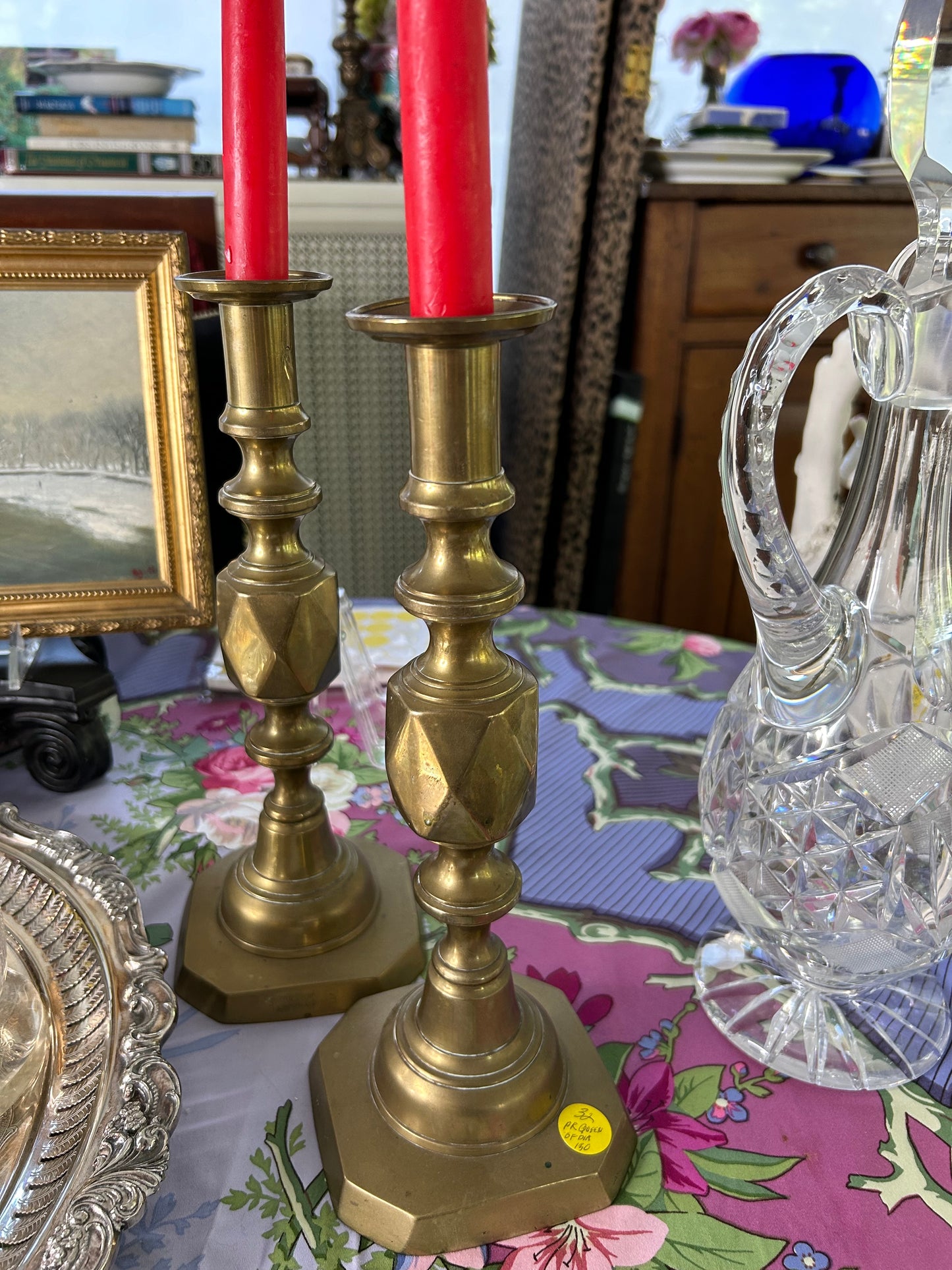 Antique Pair of “Queen of Diamonds” Solid Brass Candlesticks