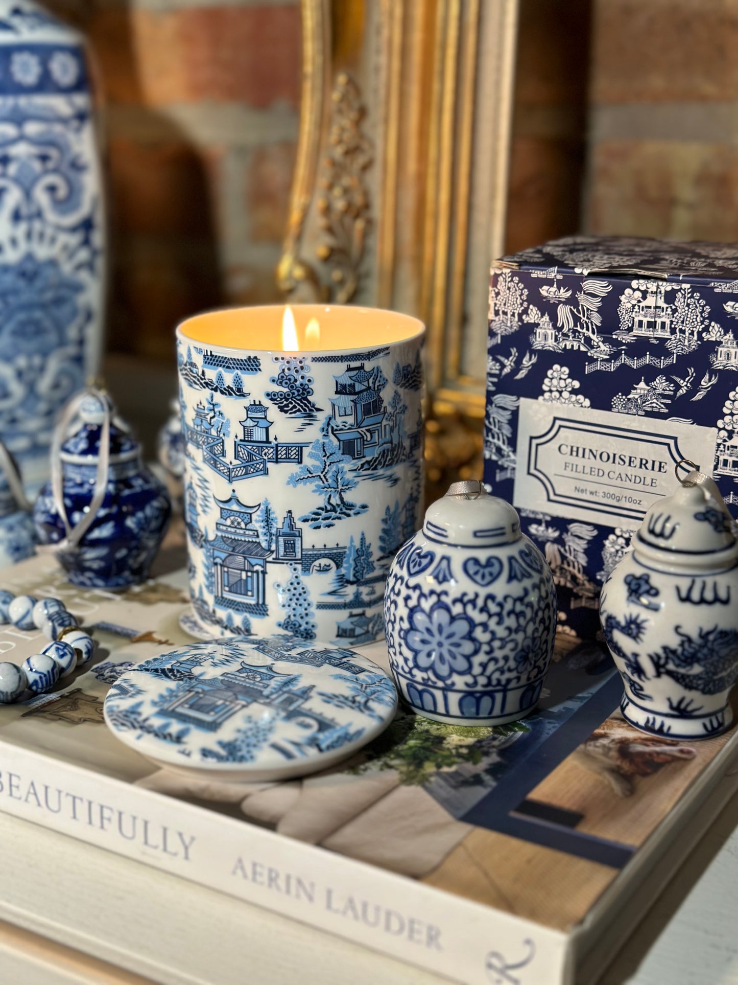 Blue & White Chinoiserie 3-Piece Gift Set: Candle, Bracelet, Ginger Jar Pack