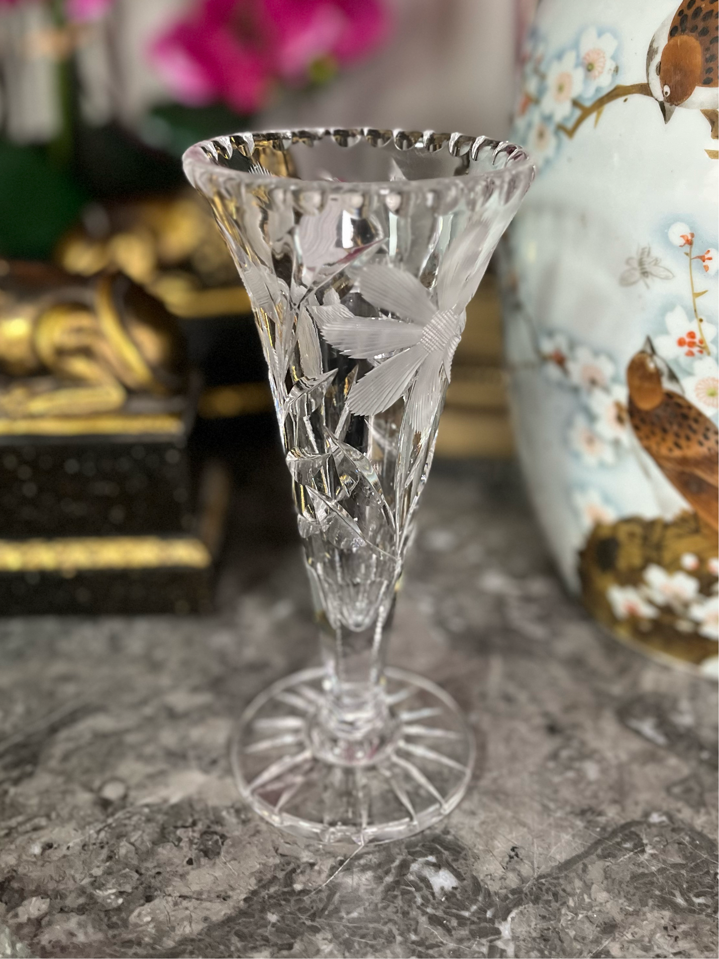 Reserved Elizabeth Live 11/16 Absolutely Beautiful Antique 19th Century Floral Cut Crystal Vase