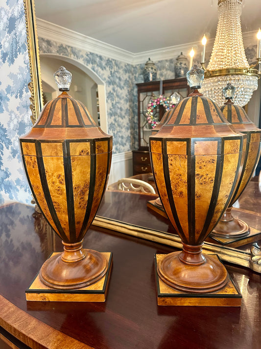 Stunning Pair of Theodore Alexander Burl Wood Tall Urns