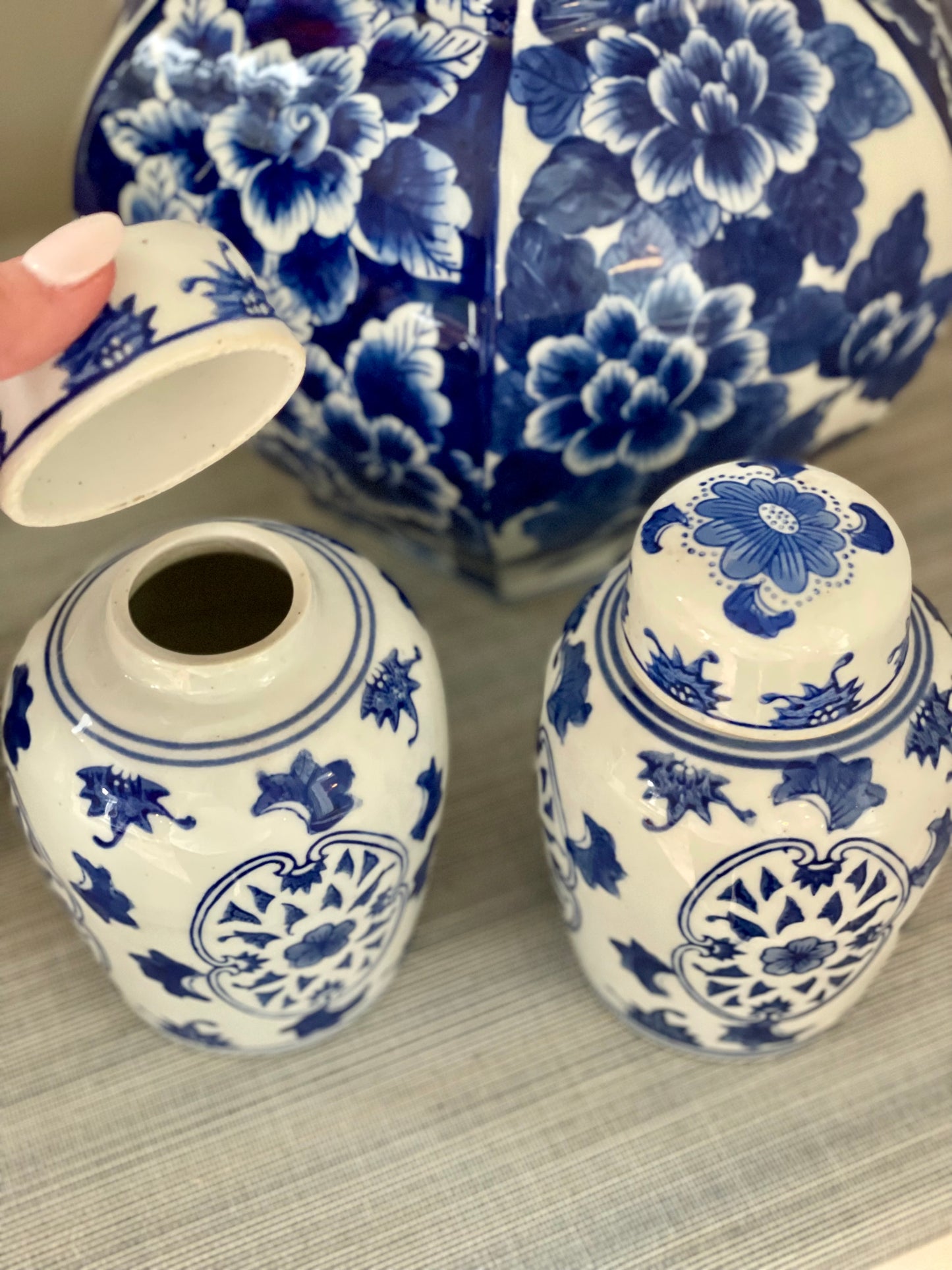 Vintage Pair of Blue & White 6” Lidded Jars