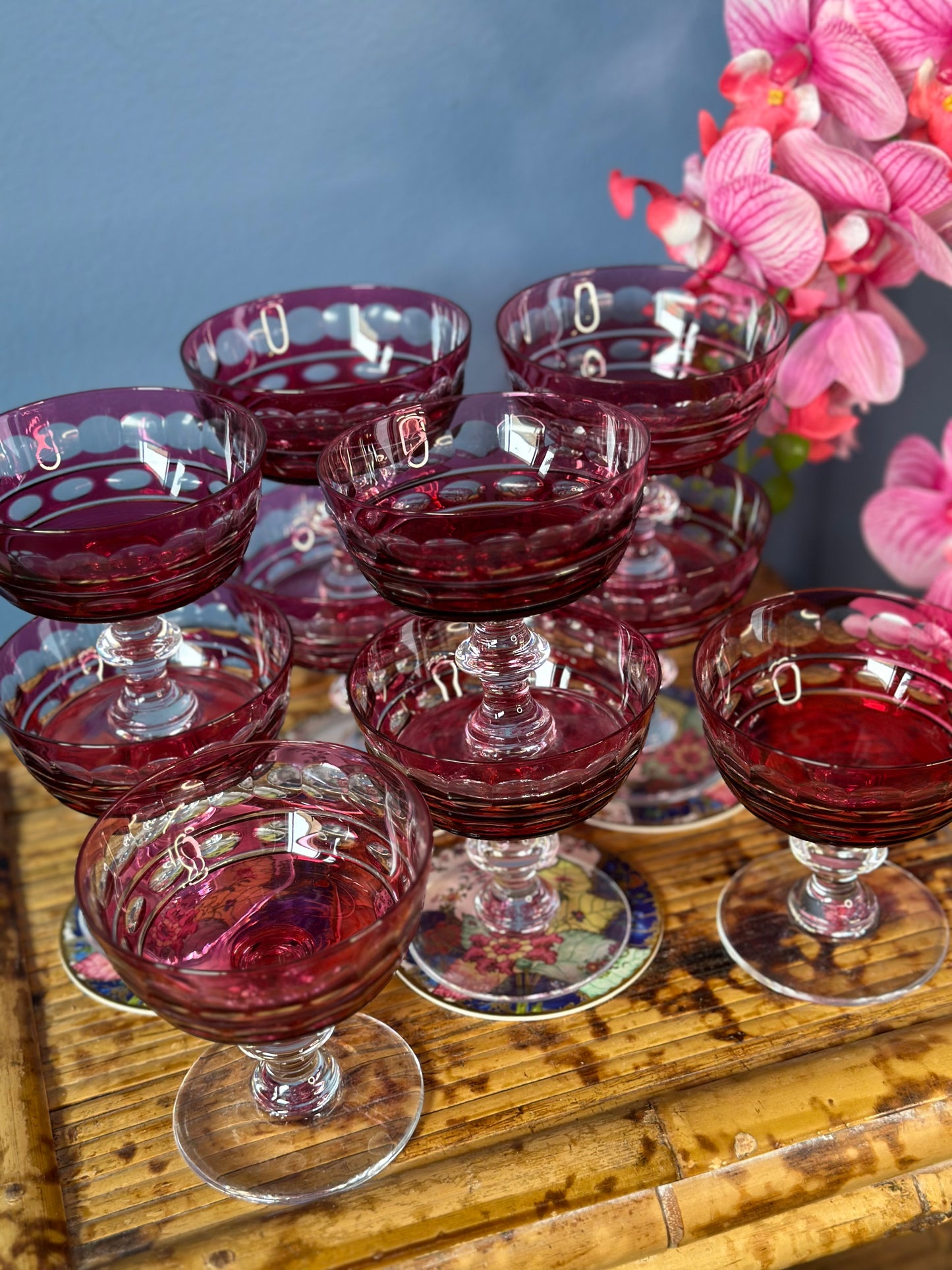 VAL ST. LAMBERT Set 10 "BLARNEY" CRANBERRY CUT-TO-CLEAR CRYSTAL PEDESTAL SHERBET