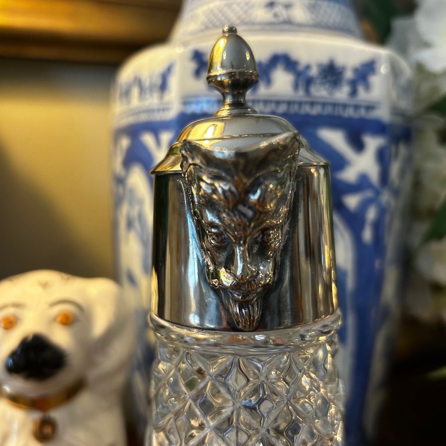 Delightful Baccas Vintage aged silver plate & crystal tall lidded pitcher vase