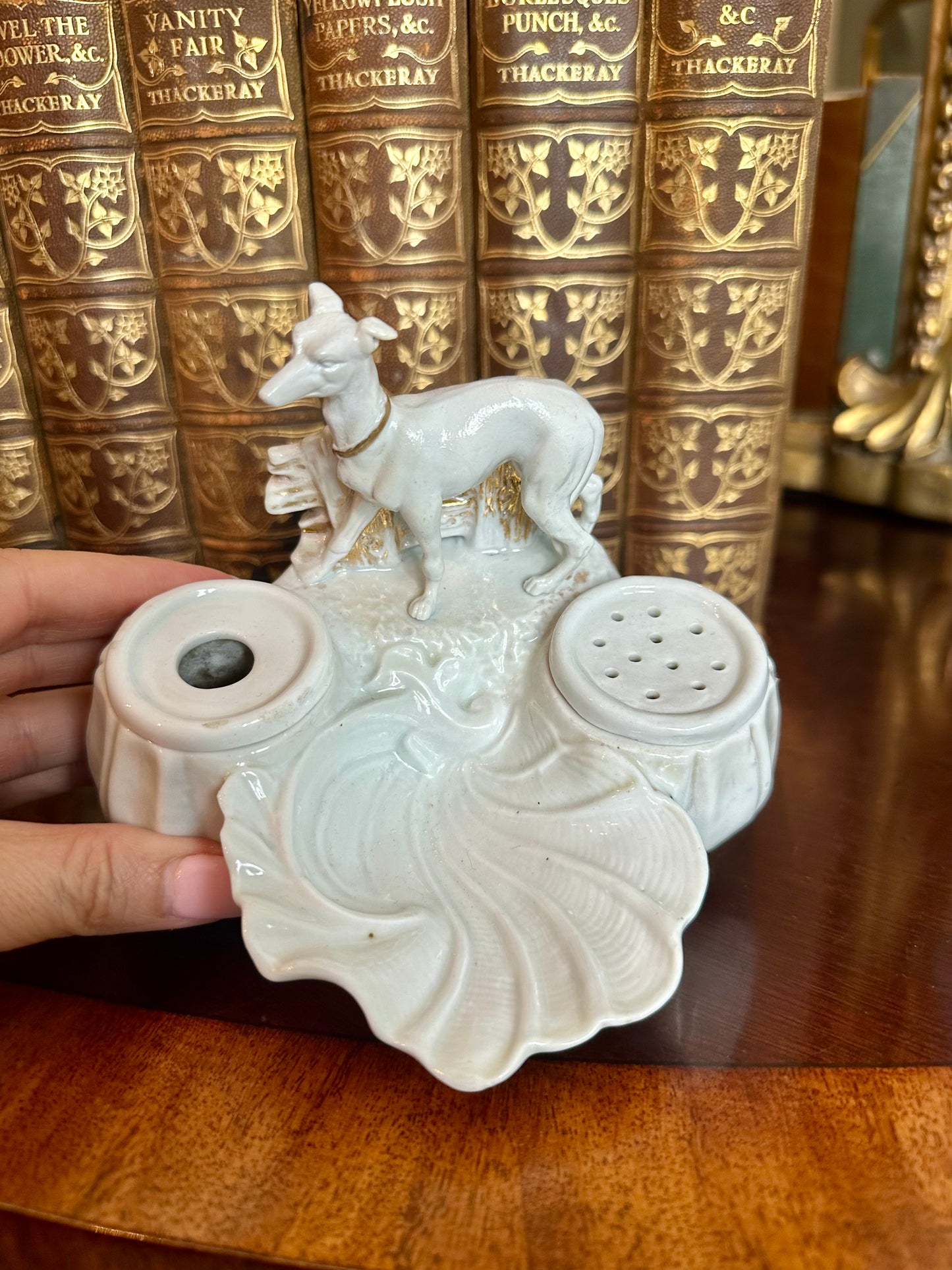 Wonderful 19thc English Staffordshire Greyhound Inkwell Pin Dish